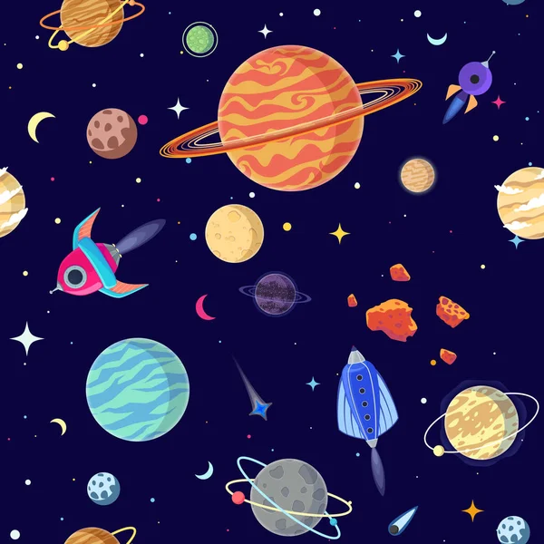 Patrón Inconsútil Planetas Espacio Abierto Ilustración Vectorial Estilo Dibujos Animados — Vector de stock