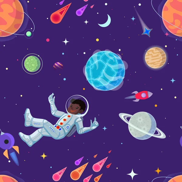 Spaceman Open Ruimte Zweven Antigravity Vector Cartoon Naadloze Patroon — Stockvector