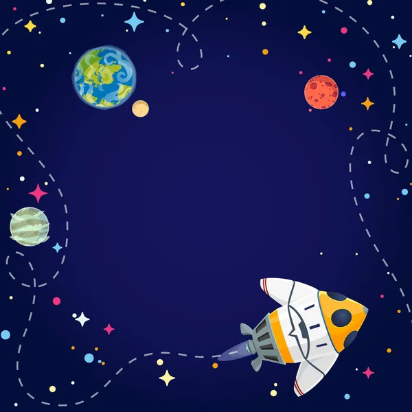 Moldura com nave espacial, planetas e estrelas em espaço aberto. Ilustração vetorial estilo cartoon — Vetor de Stock