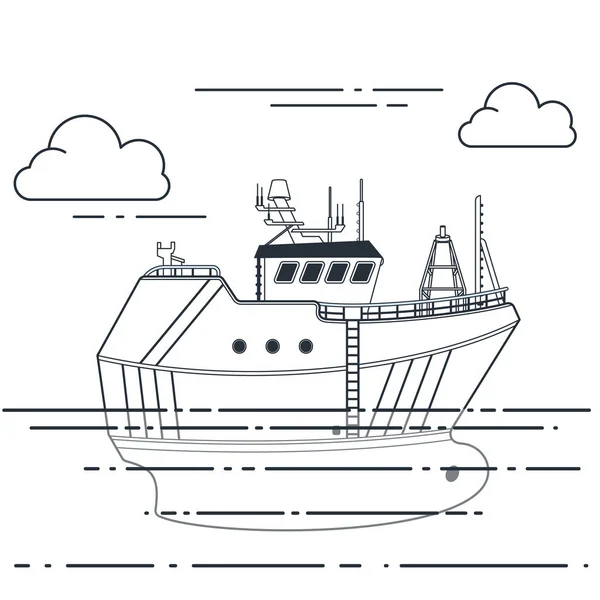 Fishing vessel in sea. Vector outline illustration Royalty Free Stock Vectors