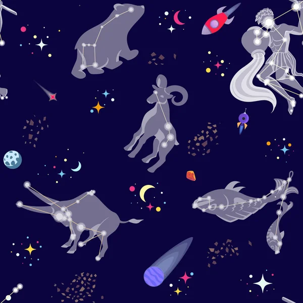 Seamless pattern with comstellations and stars. Vector illustration cartoon style
