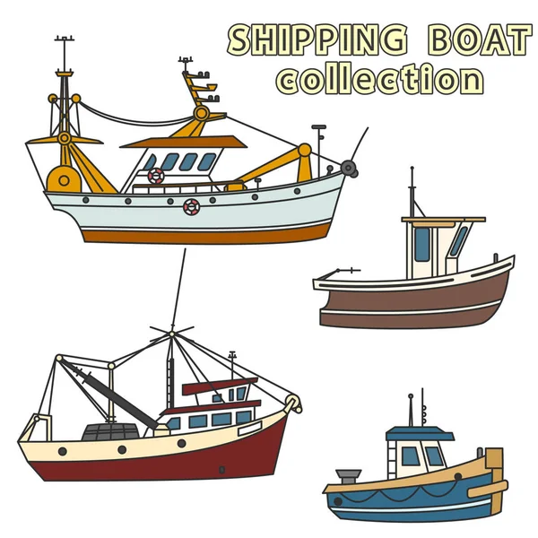 Set of fishing vessel in sea. Vector colored illustration — Stock Vector