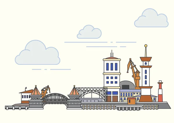 Hafen- und Stadtansicht. Vektorskizze Illustration — Stockvektor