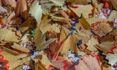 Renkli kalem kırıntıları. Kırtasiye çöpleri. Okula yakın çekim.