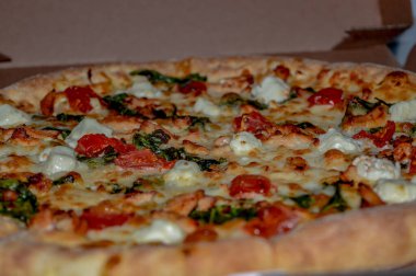 Vişneli, domatesli, peynirli ve ıspanaklı pizza.