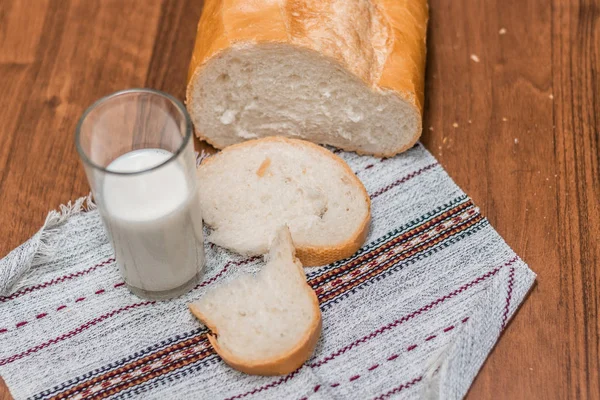 Glass Milk Bread Wooden Table Jewish Holiday — Stock Photo, Image