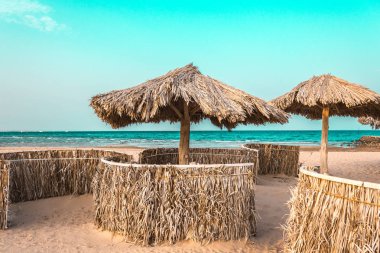 denizin kenarında palmiye ağaçlarından doğal malzemelerden yapılmış plaj şemsiyeleri