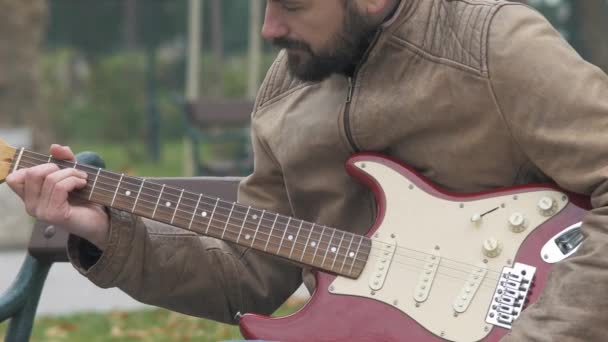 Музикант Який Смикає Гітару Стоковий Матеріал 976 Fps Кінематограф 2160P — стокове відео