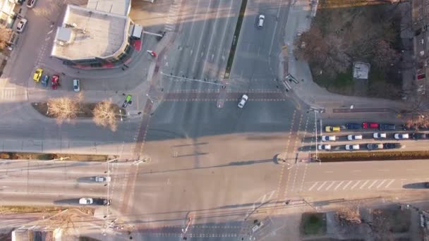 与汽车一起对街边交汇的空中顶视图 — 图库视频影像