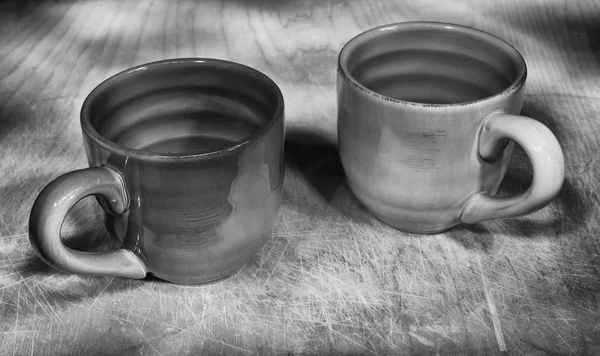 Two Cups Shot Black White Wood Background Used Painting Light — Stock Photo, Image