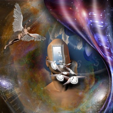 Surrealism. Man's head with opened door to another world. Naked man with wings represents angel. Winged clocks symbolizes flow of time. Warped space. clipart