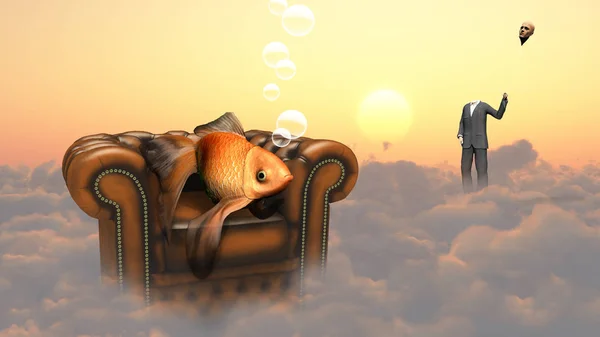 Złota Rybka Fotelu Chmury Człowiek Garniturze Trzyma Głowę Jak Balon — Zdjęcie stockowe