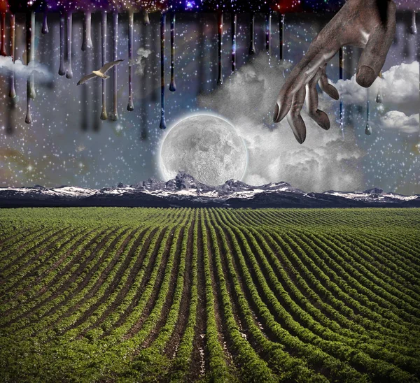 Surrealism Field Green Rows Giant Moon Rises Mountains Another Dimension — Stock Photo, Image