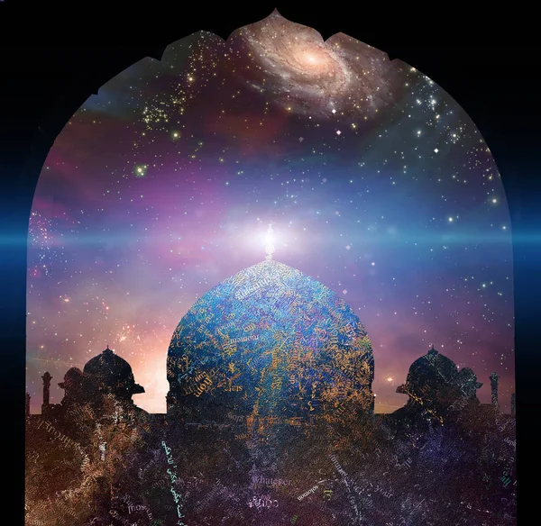 Doğu tarzı tapınakta. Evren gökada bir arka plan ile.