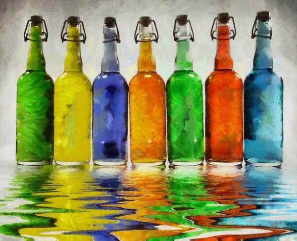 Arte Moderna Garrafas Coloridas Refletem Água — Fotografia de Stock