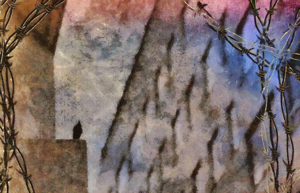 High building with windows and sillouette of bird with barbed wire.