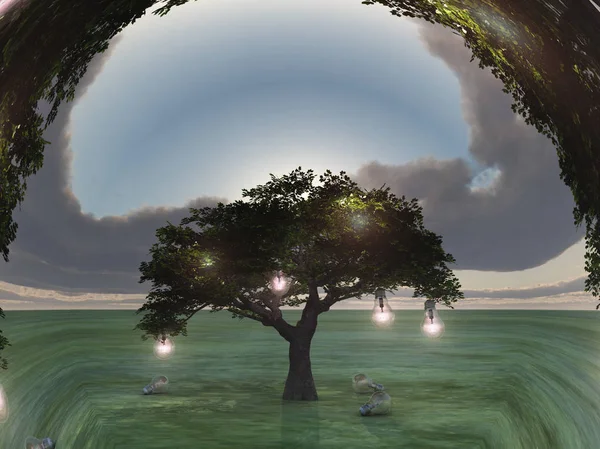 Arte Digital Surrealista Árbol Con Bombillas Simboliza Conocimiento Las Ideas — Foto de Stock