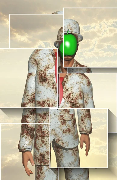 Surreal Digital Art Man White Corroded Suit Green Apple Instead — Stock Photo, Image