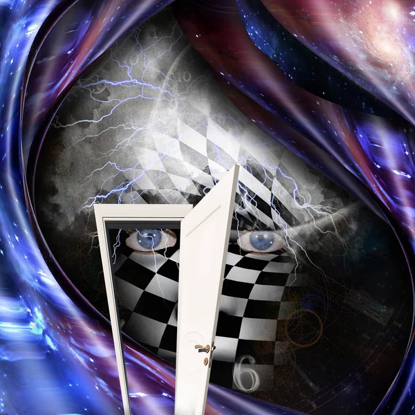 Abstract Painting Chessboard Face Time Spirals Open Door Rendering — Stock Photo, Image