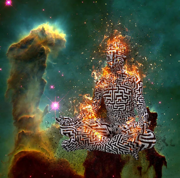 Surrealismus Postava Muže Vzorek Bludiště Lotosu Představují Plamenech Vykreslování Některé — Stock fotografie