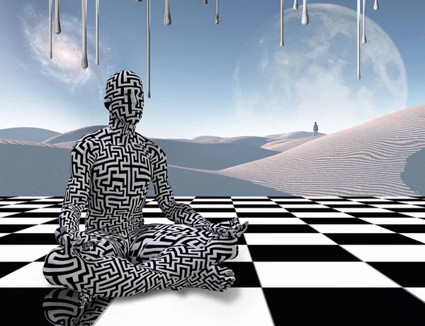 Surrealism Man Maze Pattern Sits Lotus Pose Chess Board Lonely — Stock Photo, Image