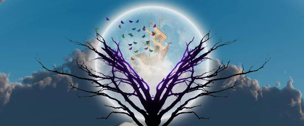 Mystický Strom Měsíčním Světle Stará Loď Obloze — Stock fotografie