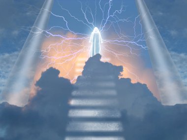 White cloaked figure radiates electricity in heavens clipart