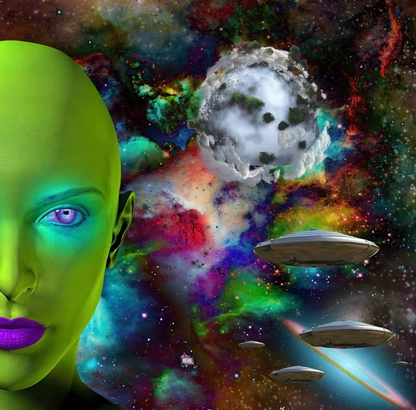 Rostro Una Alienígena Platillos Voladores Universo Colorido Exoplaneta Abstracto Sobre — Foto de Stock