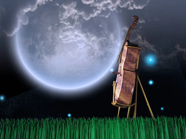 Cello in dream like landscape. Giant moon in the sky