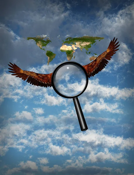 Surreal Composition Winged Magnify Glass Searches Planet Earth Cloudy Sky — Stock Photo, Image