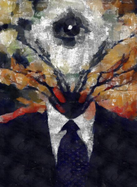 Сюрреалистичная картина. Человеческая фигура в костюме с ветвями деревьев и всевидящим глазом вместо головы
.