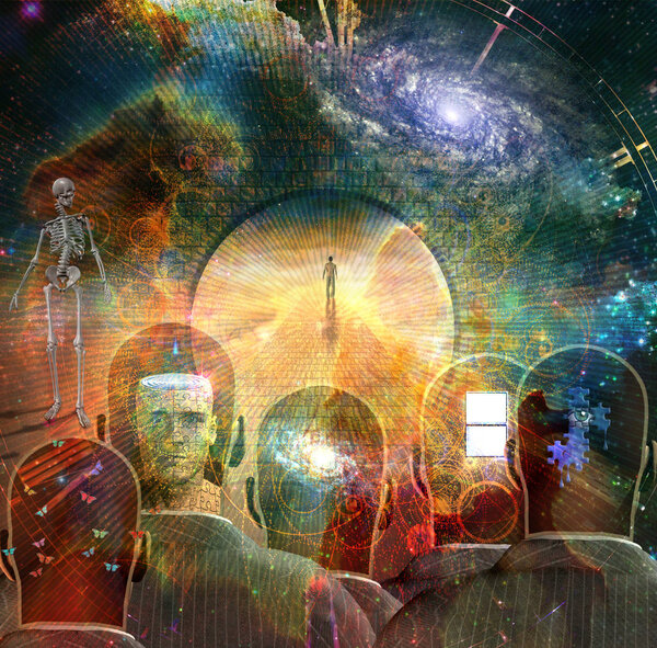 Сюрреализм. Человек ходит по каменной дороге в пространстве. Мужские головы с разными мыслями внутри. Скелет символизирует смерть. 3D рендеринг. Некоторые элементы предоставлены НАСА
.