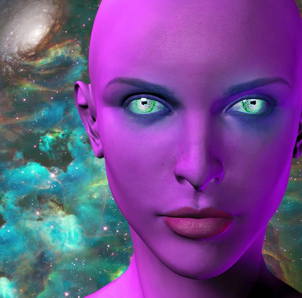 Kvinnliga Utomjordingars Ansikte Färgglada Universum Bakgrund — Stockfoto