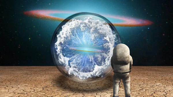 Surrealism Astronaut Stands Arid Land Crystal Ball Electricity Charge Clouds — Stock Photo, Image