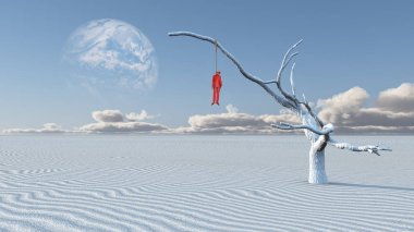 Surreal white desert. Man in red suit is hanged on a dry tree clipart