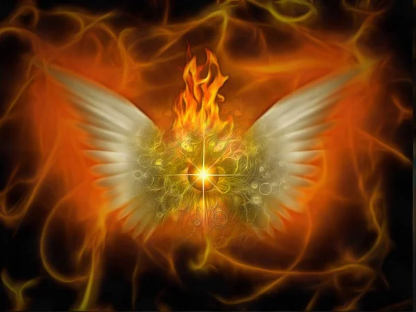 Surreal Painting Burning Eye Wings Flaming Background — Stock Photo, Image