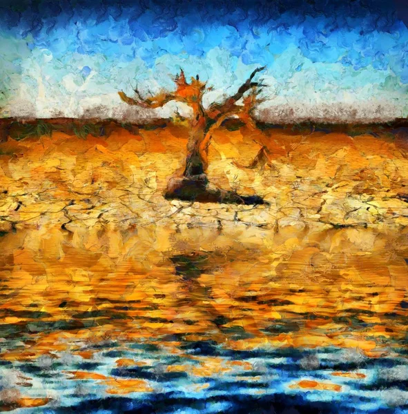 Pintura Surreal Árvore Seca Velha Uma Costa Deserta — Fotografia de Stock