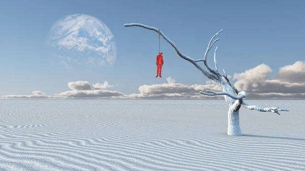Surreal White Desert Man Red Suit Hanged Dry Tree — Stock Photo, Image