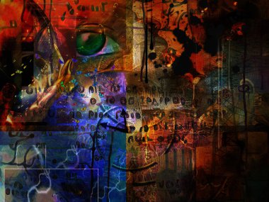 Sürrealizm. Sarmal zaman. El cam küre, yeşil göz ve antik yazıları arka planda tutan