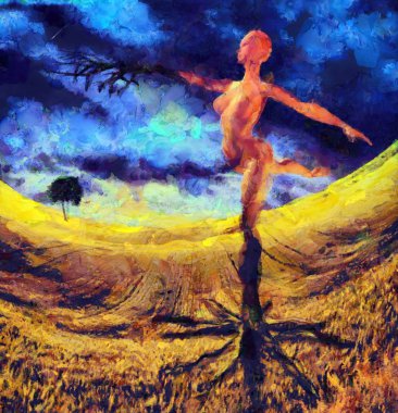 Surreal painting. Figure of a naked woman in dance pose rooted to the ground, one of her hand like a tree branch. clipart