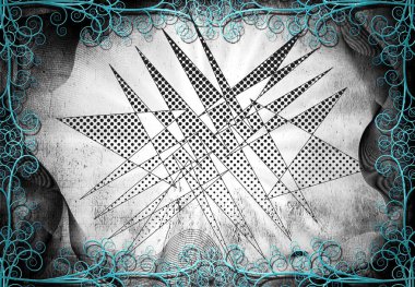 Soyut üçgen şekiller ve arka ışık ve kıvırcık çerçeve parlak ışınları. Sessiz renkler. 3D render