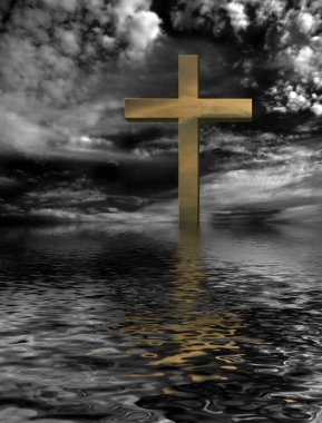 Christian cross  in a tranquil ocean seascape. Cloudy sky clipart