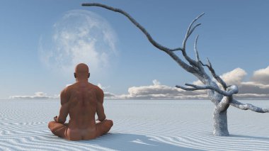 İnsan beyaz kumlar üzerinde meditasyon yapar