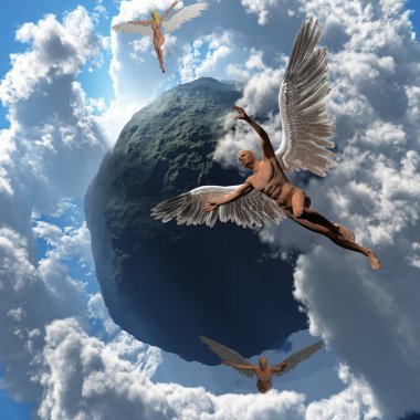 Melekler uçar bulutların asteroid çevresinde