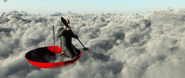 Surrealism. Man in a suit with paddle floats in red umbrella on clouds. clipart