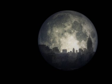 Cityscape reflects in the moon. clipart