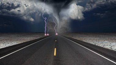 Kasırga huni çöl yol manzara içinde. 3D render