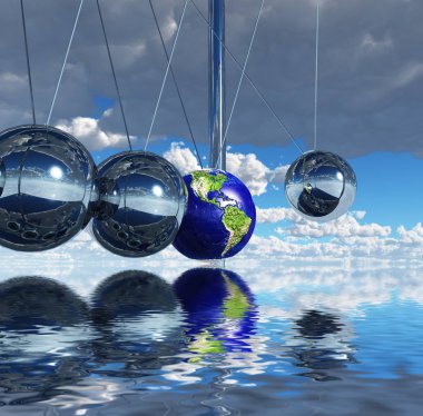 Surreal digital art. Newton's pendulum. One of the balls represents planet Earth. clipart