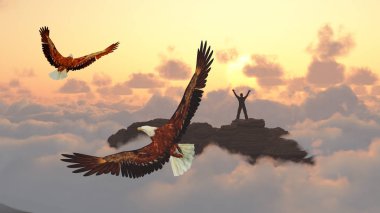 Adam gündoğumu karşılamaktadır. Kartal uçar.