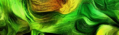 Renk hareketlerinin akışkan çizgileri. Çoğunlukla yeşil ve sarı renkler. 3B görüntüleme.